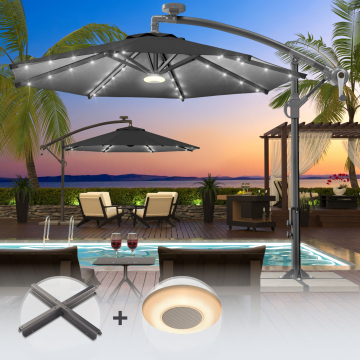 SUN LUCA | Parasol | Rund | Ø 300 cm | Zwart | LED | +Stand & Muziekdoos