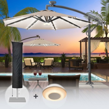 SUN LUCA | Parasol | Rund | Ø 300 cm | Taupe | LED | +Muziekdoos & Parasolhoes