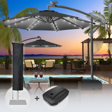 SUN LUCA | Parasol | Rund | Ø 300 cm | Zwart | LED | +Stand & Parasolhoes