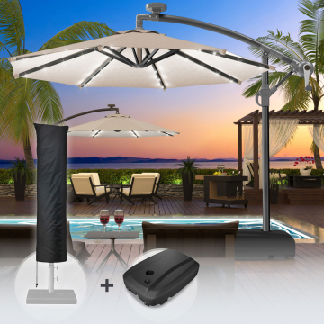 SUN LUCA | Parasol | Rund | Ø 300 cm | Taupe | LED | +Stand & Parasolhoes