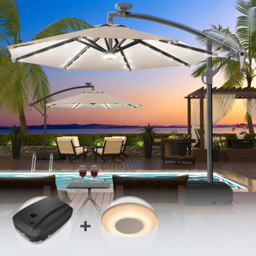 SUN LUCA | Parasol | Rund | Ø 300 cm | Taupe | LED | +Stand & Muziekdoos