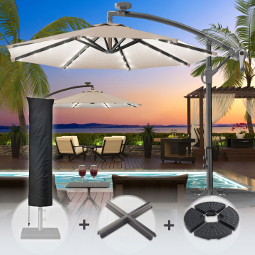 SUN LUCA | Parasol | Rund | Ø 300 cm | Taupe | LED | +Stand & Parasolhoes
