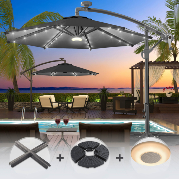 SUN LUCA | Parasol | Rund | Ø 300 cm | Zwart | LED | +Stand & Muziekdoos
