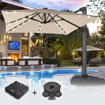 SUN LUIS | Parasol | Vierkant | B:T 300 x 300 cm | Taupe | LED | +Stand & Draaivoet