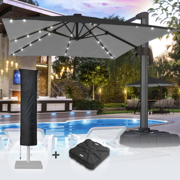 SUN LUIS | Parasol | Vierkant | B:T 300 x 300 cm | Zwart | LED | +Stand & Parasolhoes