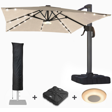 SUN LUIS | Parasoll | Kvadratisk | B:D 300 x 300 cm | Taupe | LED | +Stativ, spilledåse og deksel