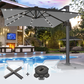 SUN LUIS | Parasol | Vierkant | B:T 300 x 300 cm | Zwart | LED | +Stand & Draaivoet