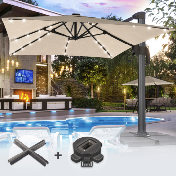 SUN LUIS | Parasol | Vierkant | B:T 300 x 300 cm | Taupe | LED | +Stand & Draaivoet