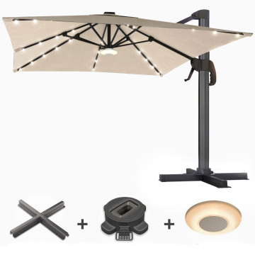 SUN LUIS | Parasoll | Kvadratisk | B:D 300 x 300 cm | Taupe | LED | +Stativ, dreiesokkel og spilledåse