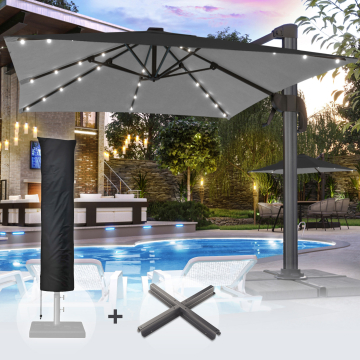 SUN LUIS | Parasol | Vierkant | B:T 300 x 300 cm | Zwart | LED | +Stand & Parasolhoes