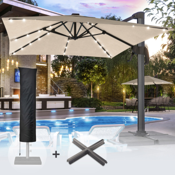 SUN LUIS | Parasol | Vierkant | B:T 300 x 300 cm | Taupe | LED | +Stand & Parasolhoes