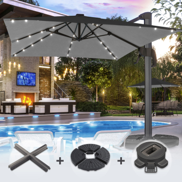 SUN LUIS | Parasol | Vierkant | B:T 300 x 300 cm | Zwart | LED | +Stand & Draaivoet