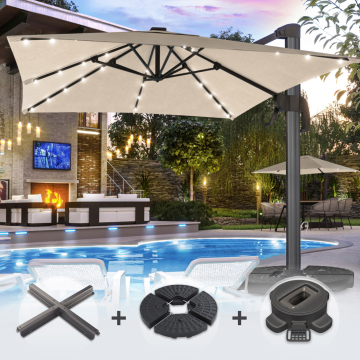 SUN LUIS | Parasol | Vierkant | B:T 300 x 300 cm | Taupe | LED | +Stand & Draaivoet