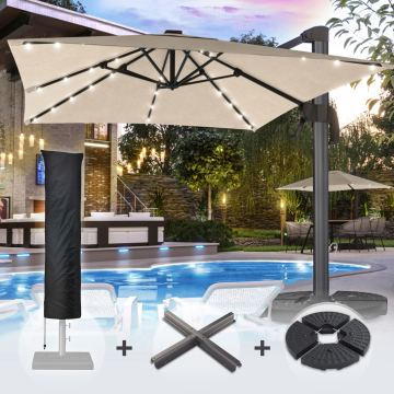 SUN LUIS | Parasol | Vierkant | B:T 300 x 300 cm | Taupe | LED | +Stand & Parasolhoes