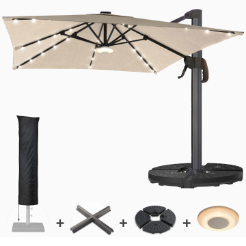 SUN LUIS | Parasoll | Kvadratisk | B:D 300 x 300 cm | Taupe | LED | +Stativ, spilledåse og deksel