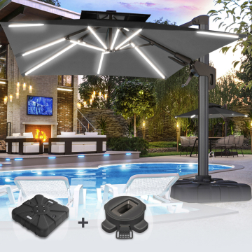 SUN PIETRO | Parasol | Vierkant | B:T 300 x 300 cm | Zwart | LED | +Stand & Draaivoet