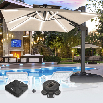 SUN PIETRO | Parasol | Vierkant | B:T 300 x 300 cm | Taupe | LED | +Stand & Draaivoet