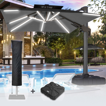 SUN PIETRO | Parasol | Vierkant | B:T 300 x 300 cm | Zwart | LED | +Stand & Parasolhoes