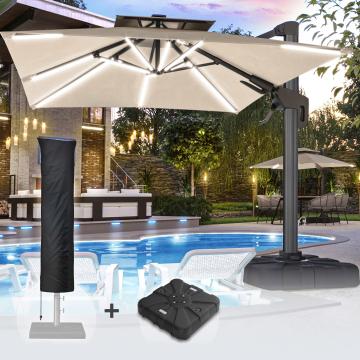 SUN PIETRO | Parasol | Vierkant | B:T 300 x 300 cm | Taupe | LED | +Stand & Parasolhoes