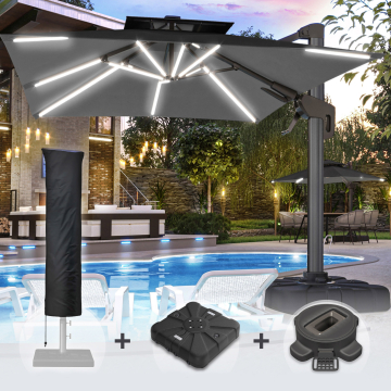 SUN PIETRO | Parasol | Vierkant | B:T 300 x 300 cm | Zwart | LED | +Stand, Draaivoet & Parasolhoes
