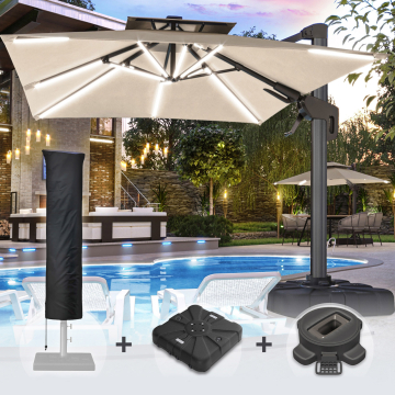 SUN PIETRO | Parasol | Vierkant | B:T 300 x 300 cm | Taupe | LED | +Stand, Draaivoet & Parasolhoes