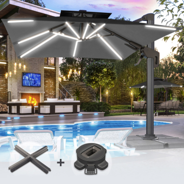 SUN PIETRO | Parasol | Vierkant | B:T 300 x 300 cm | Zwart | LED | +Stand & Draaivoet