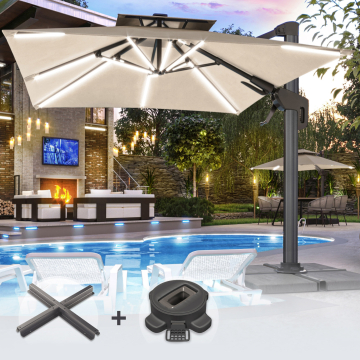 SUN PIETRO | Parasol | Vierkant | B:T 300 x 300 cm | Taupe | LED | +Stand & Draaivoet