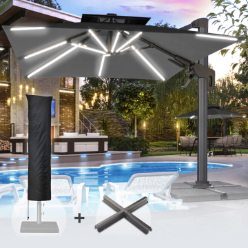 SUN PIETRO | Parasol | Vierkant | B:T 300 x 300 cm | Zwart | LED | +Stand & Parasolhoes