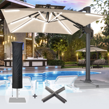 SUN PIETRO | Parasol | Vierkant | B:T 300 x 300 cm | Taupe | LED | +Stand & Parasolhoes