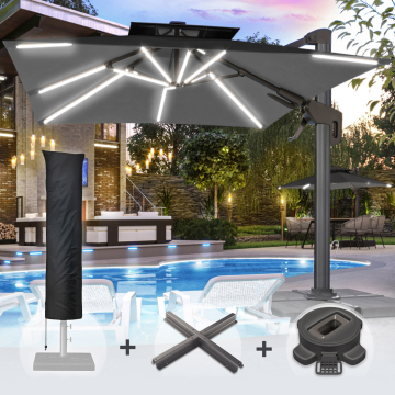 SUN PIETRO | Parasol | Vierkant | B:T 300 x 300 cm | Zwart | LED | +Stand, Draaivoet & Parasolhoes