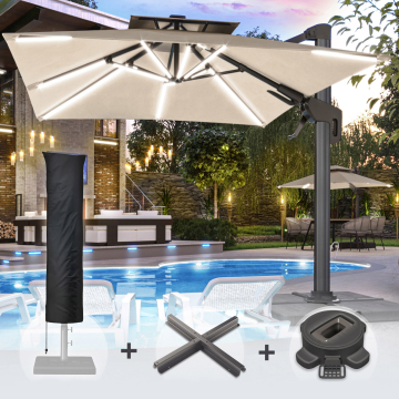 SUN PIETRO | Parasol | Vierkant | B:T 300 x 300 cm | Taupe | LED | +Stand, Draaivoet & Parasolhoes