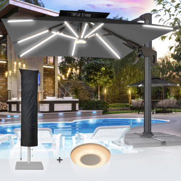 SUN PIETRO | Parasol | Vierkant | B:T 300 x 300 cm | Zwart | LED | +Muziekdoos & Parasolhoes