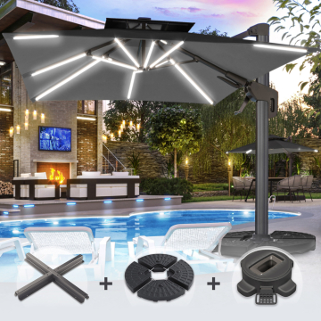 SUN PIETRO | Parasol | Vierkant | B:T 300 x 300 cm | Zwart | LED | +Stand & Draaivoet