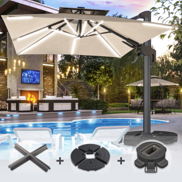 SUN PIETRO | Parasol | Vierkant | B:T 300 x 300 cm | Taupe | LED | +Stand & Draaivoet