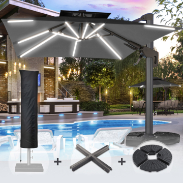 SUN PIETRO | Parasol | Vierkant | B:T 300 x 300 cm | Zwart | LED | +Stand & Parasolhoes