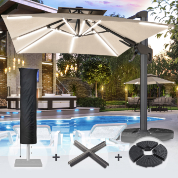 SUN PIETRO | Parasol | Vierkant | B:T 300 x 300 cm | Taupe | LED | +Stand & Parasolhoes