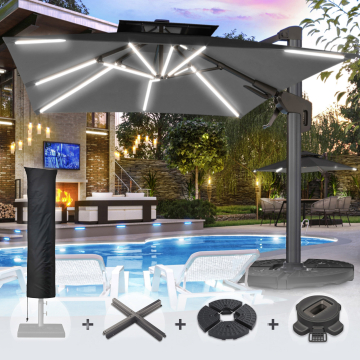SUN PIETRO | Parasol | Vierkant | B:T 300 x 300 cm | Zwart | LED | +Stand, Draaivoet & Parasolhoes