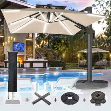SUN PIETRO | Parasol | Vierkant | B:T 300 x 300 cm | Taupe | LED | +Stand, Draaivoet & Parasolhoes