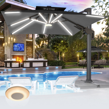 SUN PIETRO | Parasol | Vierkant | B:T 300 x 300 cm | Zwart | LED | +Muziekdoos