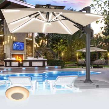 SUN PIETRO | Parasol | Vierkant | B:T 300 x 300 cm | Taupe | LED | +Muziekdoos