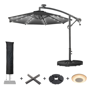 SUNSET | Ombrellone | Rotondo | Ø 300 cm | Nero | LED + supporto e coperchio