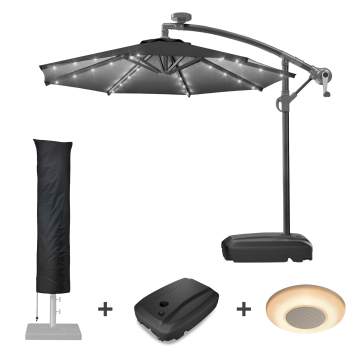 SUNSET | Parasol | Rundt | Ø 300 cm | Sort | LED | + stativ og dæksel