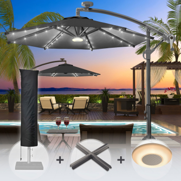SUNSET | Parasol | Rond | Ø 300 cm | Zwart | LED + standaard & deksel