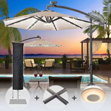 SUNSET | Parasol | Rond | Ø 300 cm | Taupe | LED + standaard & deksel