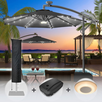 SUNSET | Parasol | Rond | Ø 300 cm | Zwart | LED + standaard & deksel