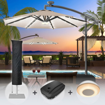 SUNSET | Parasol | Rond | Ø 300 cm | Taupe | LED + standaard & deksel