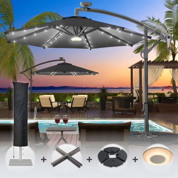 SUNSET | Parasol | Rond | Ø 300 cm | Zwart | LED + standaard & deksel