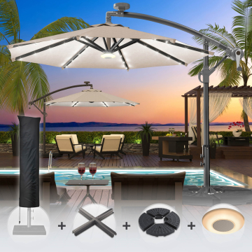 SUNSET | Parasol | Rond | Ø 300 cm | Taupe | LED + standaard & deksel