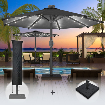 SUN MARINO | Parasol | Rond | Ø 300 cm | Noir | LED | +Support & Housse