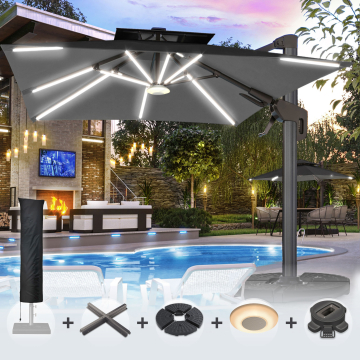 SUN PIETRO | Sonnenschirm | Quadratisch | B:T 300 x 300 cm | Schwarz | LED | +Ständer, Schwenkfuß, Musikbox & Hülle